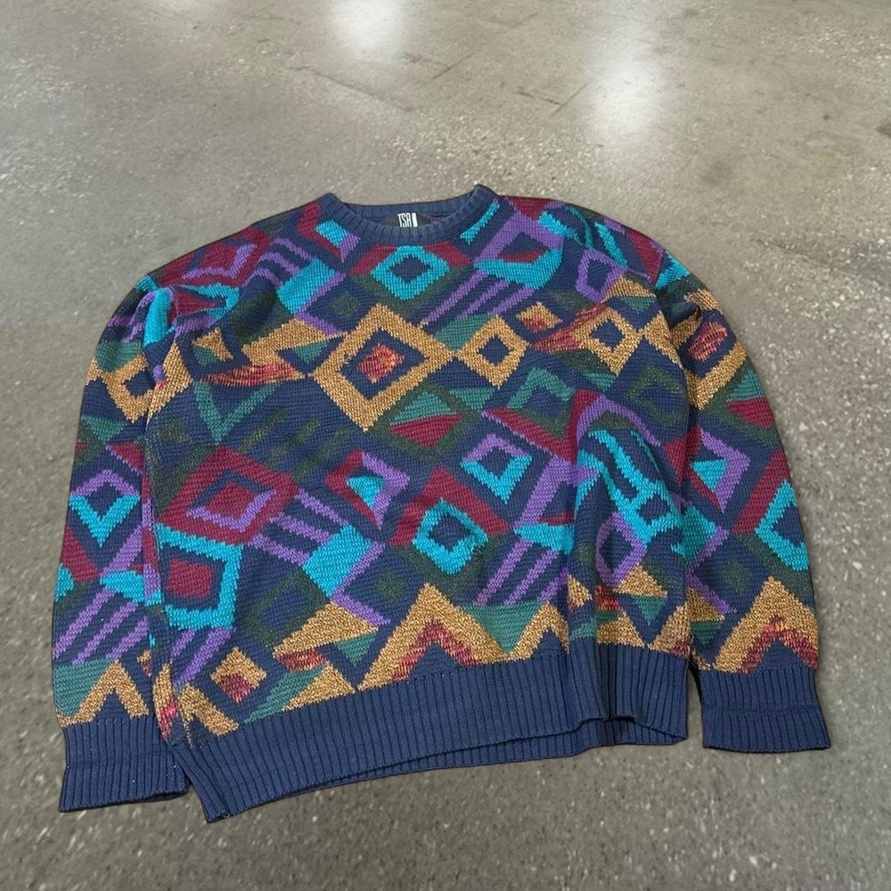 Vintage TSR USA Multi Colored Abstract Geometric Knit Sweater Mens XL